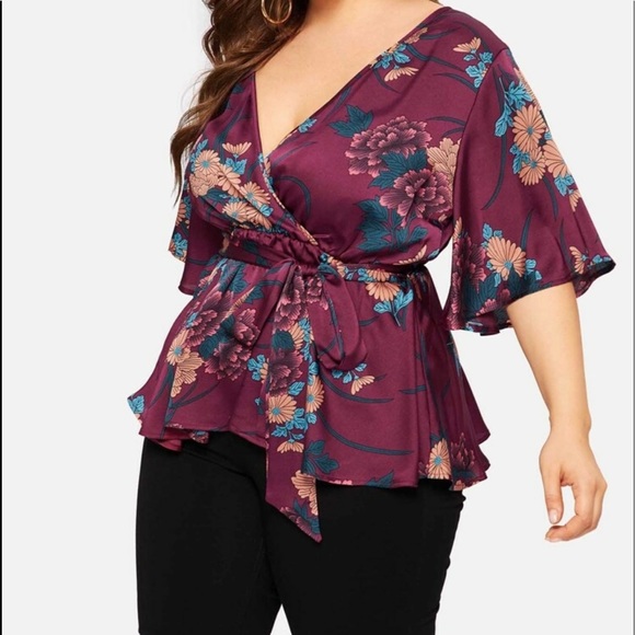 The Chic Petunia Tops - PLUS floral print peplum knot self tie wrap blouse